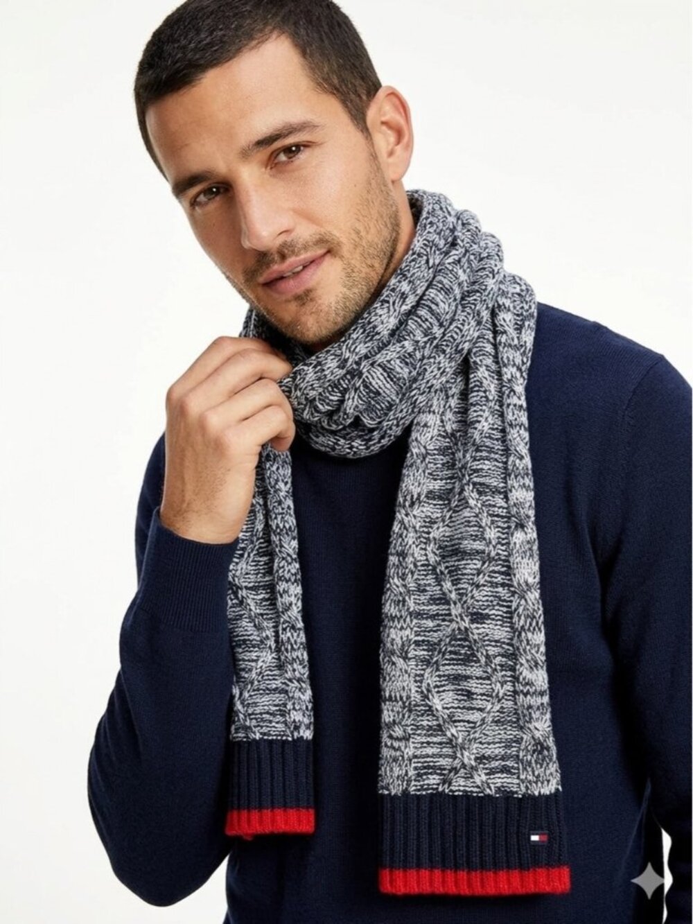 Tommy Hilfiger Marled Cable Knit Scarf Navy White Red Trim - 604